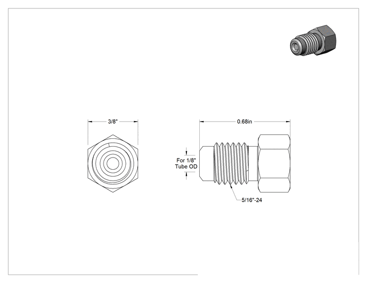 Teknik Çizim - Paslanmaz Çelik Boru için Ultra Parlak Conta Bağlantı Parçası, 1/8" Dış Çaplı Boru için Fiş
