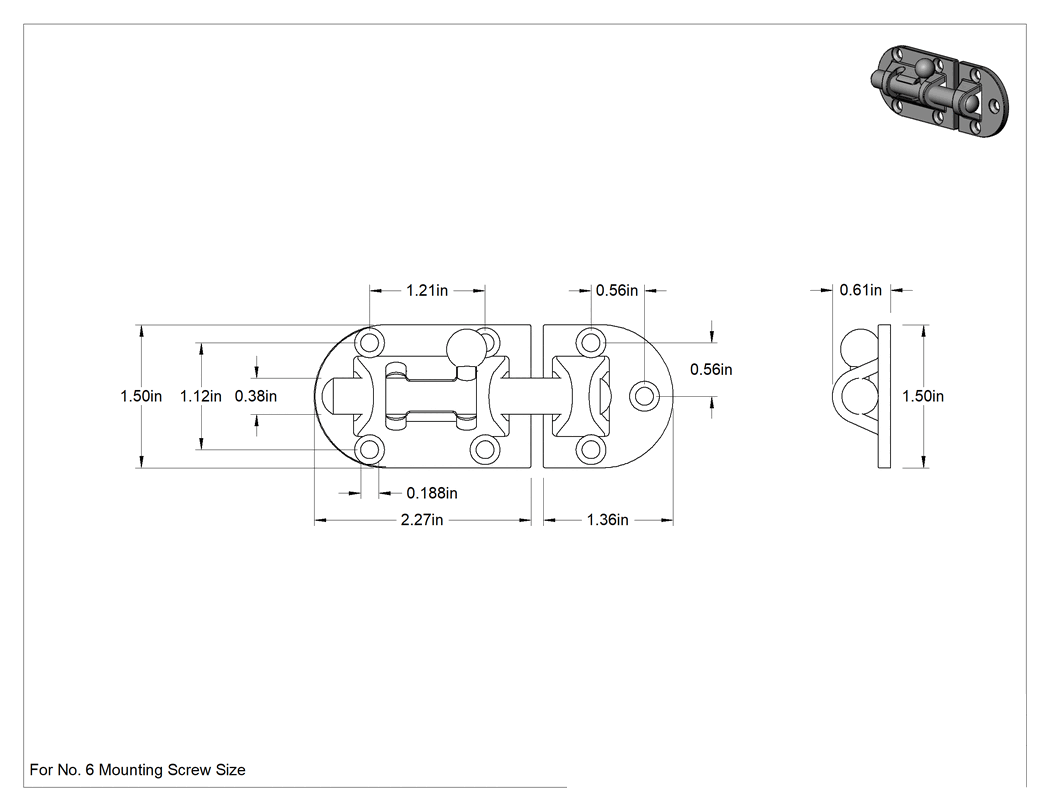 Teknik Çizim - Kaldır-Bırak Namlu Kayar Cıvata Mandalı, 316 Paslanmaz Çelik, 2-1/4" Genişlik x 1-1/2" Yükseklik