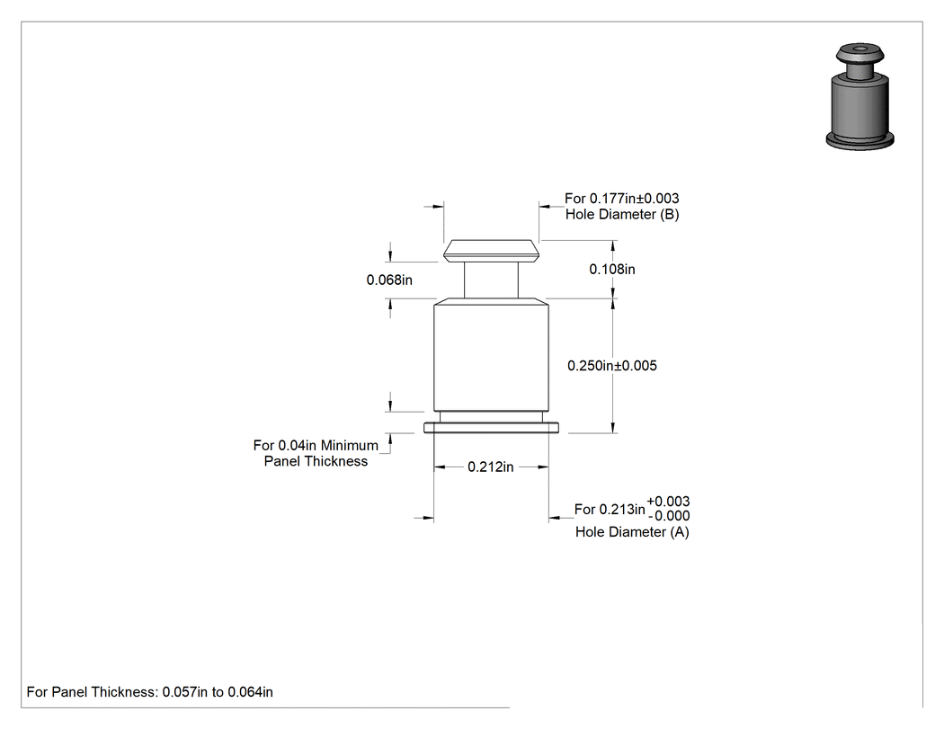 Teknik Çizim - Presle Takma Anahtar Deliği Ara Parçaları, 0.212" Dış Çap, 1/4" Uzunluk