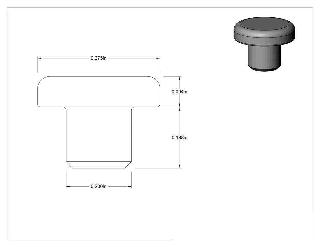 Teknik Çizim - İtme Tipi Tamponlar, 13/64" İç Çap için, 3/16" Gövde Yüksekliği, 3/8" Dış Çap, Buna-N Kauçuk
