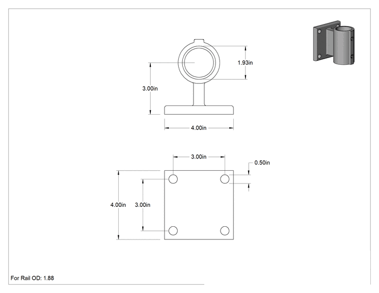 Teknik Çizim - Alüminyum Giydirme Bağlantı Parçası, 1-7/8" Ray Dış Çapı için Dikdörtgen Flanşlı Ray Ucu