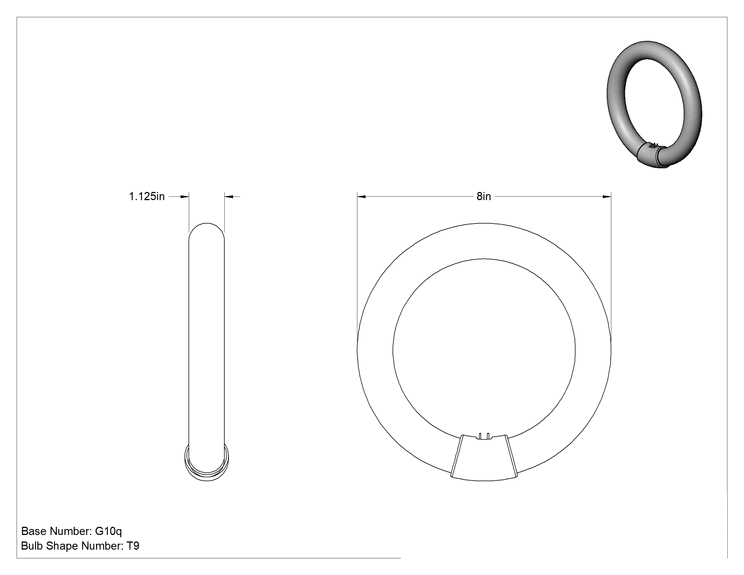 Teknik Çizim - Dairesel Tüp Ampul, T9, 8" Toplam Çap, 1150 lümen