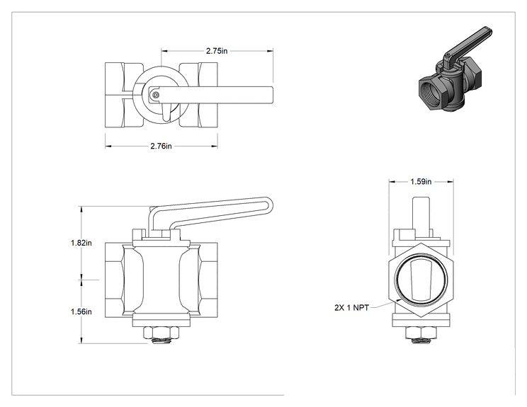Teknik Çizim - On/Off Doğal Valfi, Propan ve Bütan Gazı, Kol Tutacağı, 1 NPT Dişi, Maksimum 2 PSI @ 70°F