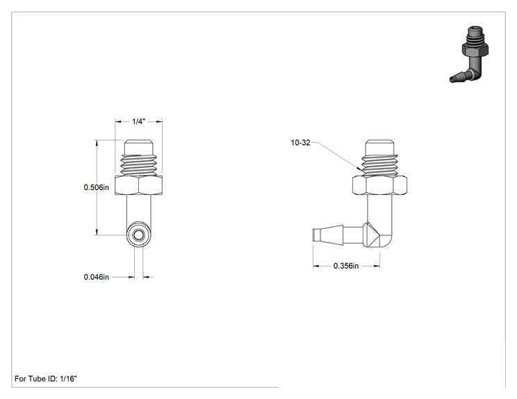 Teknik Çizim - Kimyasallarla Kullanım için Tırnaklı Bağlantı Parçası, 1/16 inç iç çaplı boru x 10-32 dişli dirsek adaptörü, Erkek