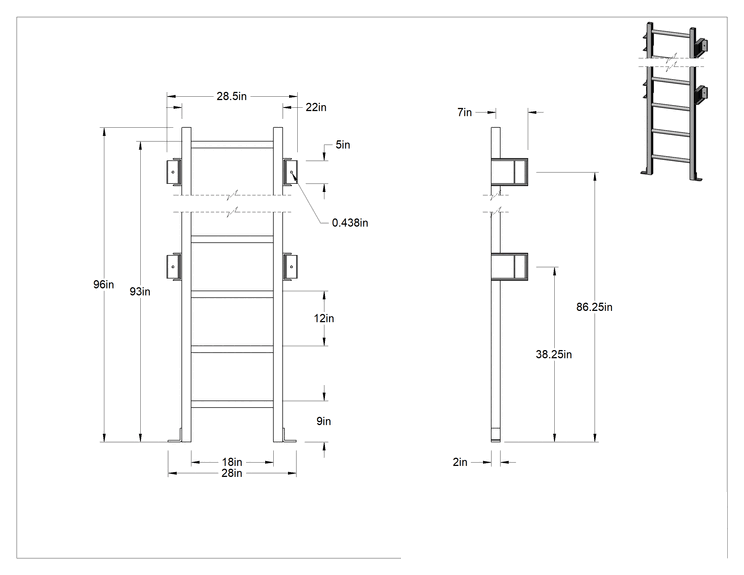 Teknik Çizim - Fiberglas Duvara Monte Merdiven, 7'9" Maksimum Tırmanma Yüksekliği