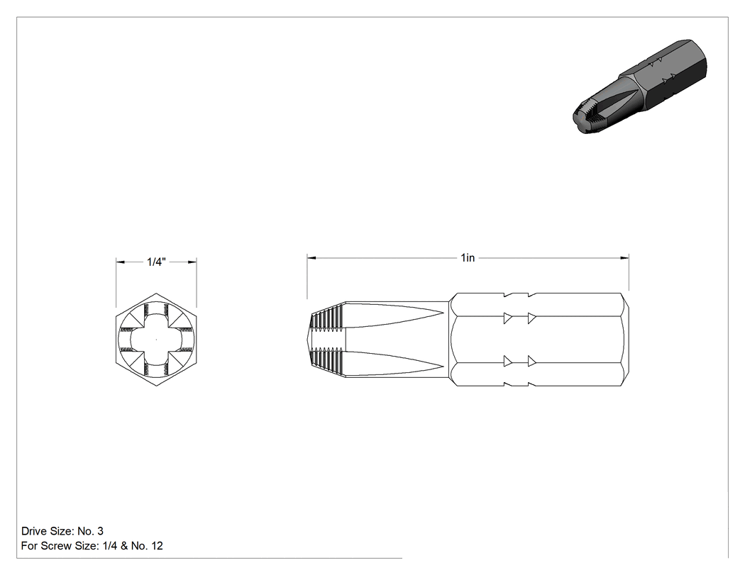 Teknik Çizim - Kaymaz 3 Numaralı Phillips Ucu, 1/4" Altıgen Şaft