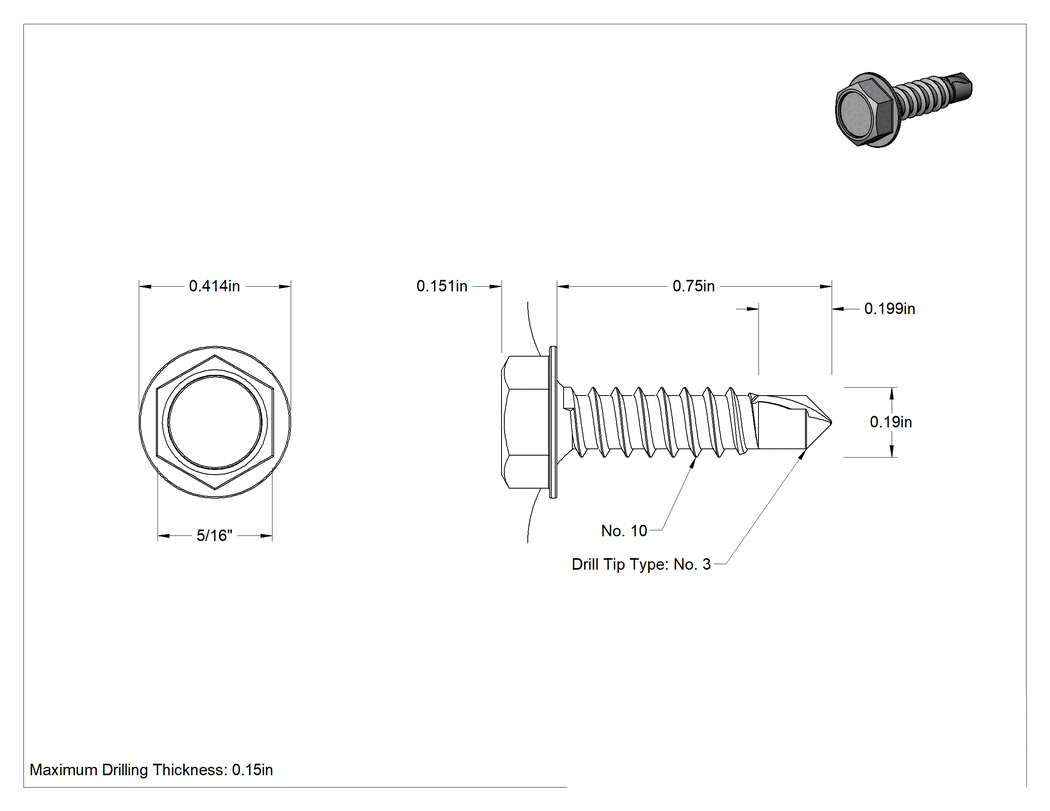 Teknik Çizim - Paslanma ve Aşınmaya Dayanıklı Alaşımlı Çelik Delme Vidaları, Flanşlı, Altıköşe Başlık, 10 Numaralı Boyut, 3/4" Uzunluk