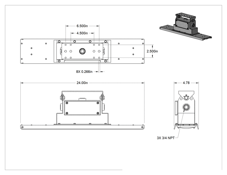 Teknik Çizim - Tehlikeli Ortam Tavan Işığı, Bağlantı Elemanı Montajı, 24 inç uzunluk x 4-3/4 inç genişlik x 7-1/4 inç toplam yükseklik