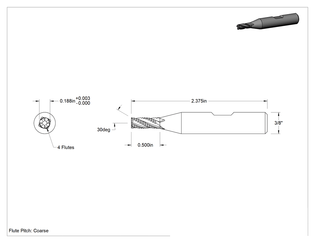 Teknik Çizim - Kaplamasız Kaba İşleme Kobalt Çelik Kare Uçlu Freze, 4 Kanallı, 3/16" Freze Çapı, 2-3/8" Toplam Uzunluk, Kaba