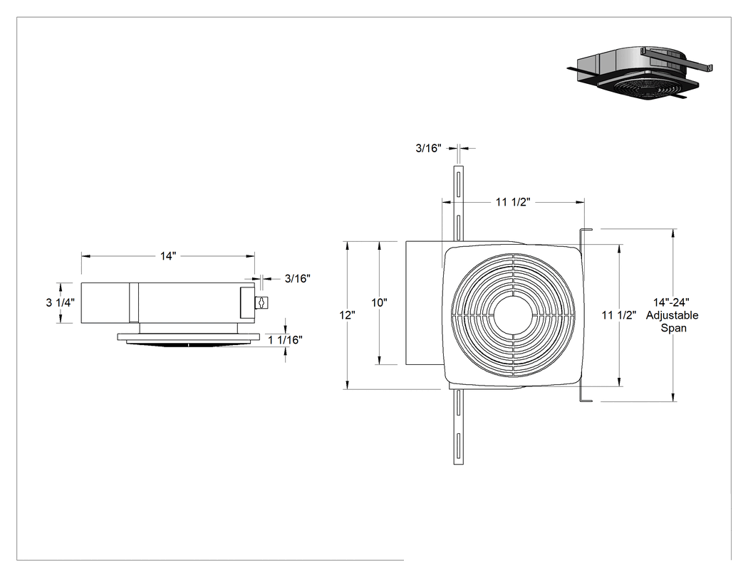 Teknik Çizim - Tavana Monte Lavabo Egzoz Fanı, Dikdörtgen Kanal için, 160 CFM Hava Akışı