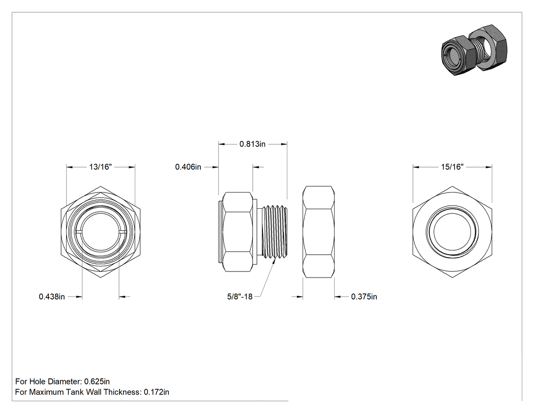 Teknik Çizim - 303 Paslanmaz Çelik Duvar Delikli Gözetleme, Berrak Sıvı için 5/8" Çaplı Delik için