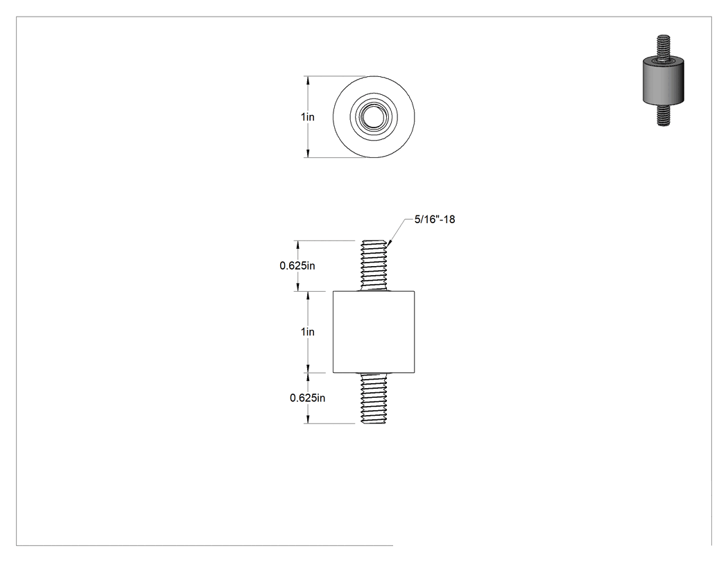Teknik Çizim - Doğal Kauçuk Titreşim Sönümleyici Sandviç Montaj, 5/16"-18 Dişli 304 Paslanmaz Çelik Saplamalı, 45 lbs. Kapasite