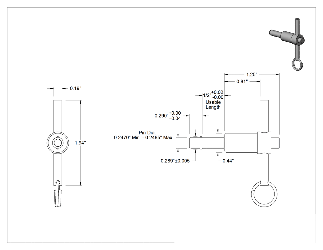 Teknik Çizim - T-Saplı Kilitli Hızlı Açma Pimi, Süper Paslanma ve Aşınmaya Dayanıklı, 1/4" Çap, 1/2" Uzunluk