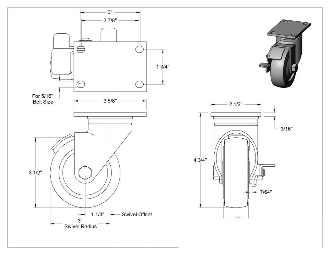 Teknik Çizim - Creston Tekerlek, Yüz Frenli ve 3-1/2" Çapında 80D Durometre Kauçuk Tekerlekli Döner Tekerlek