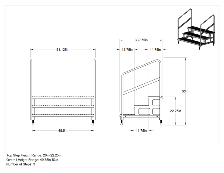 Teknik Çizim - Yüksekliği Ayarlanabilir Çalışma Platformu, 3 Basamak ve Korkuluk, 49.75"-53" Yükseklik x 51" Genişlik x 34" Derinlik Toplam