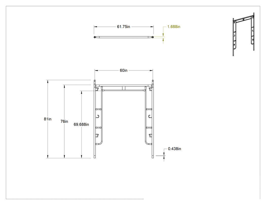 Teknik Çizim - 76" Yükseklikte İskele için Geçişli Uç Çerçeve