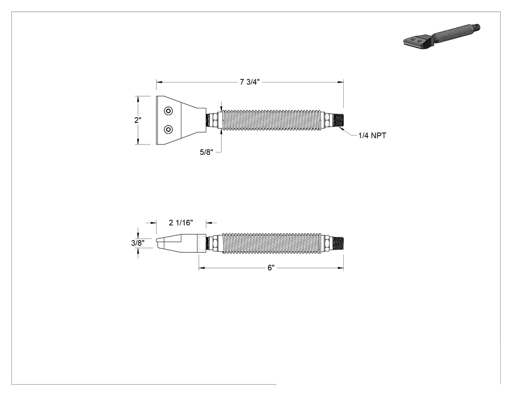 Teknik Çizim - Hava Nozulu, Wd-Hava Akışı Bük ve Sabitle, Çinko, 1/4 NPT, 80 dB, 7-3/4" Uzunluk