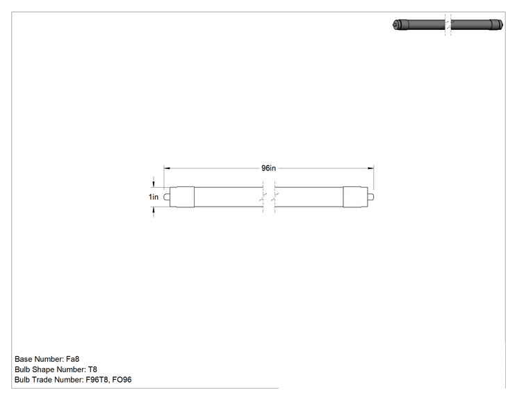 Teknik Çizim - Tek Pimli Tabanlı Tüp Ampuller, Floresan, T8, 96 inç Toplam Uzunluk, 59W, 4100K