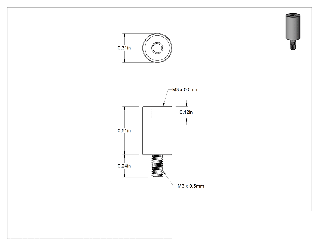 Teknik Çizim - Doğal Kauçuk Titreşim Sönümleyici Sandviç Montaj, M3 x 0.5 mm Dişli 304 Paslanmaz Çelik Saplama ve Ek Parça ile, 16 lbs. Kapasite