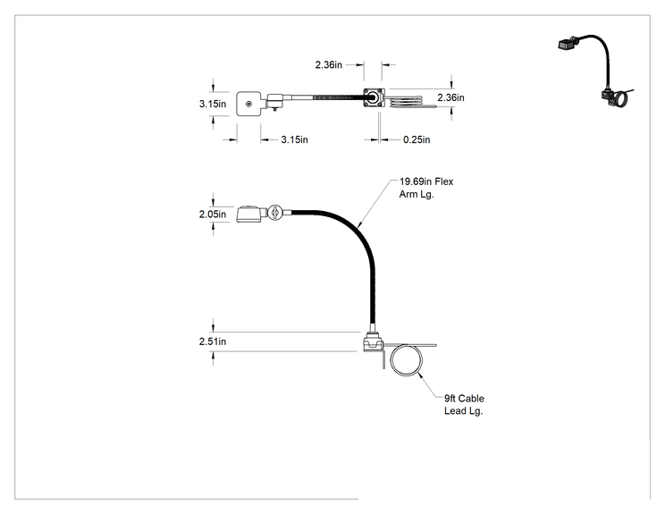 Teknik Çizim - Her Yöne Uygun Makine Işığı, Braket Montajı, 19-5/8" Kol Uzanma Mesafesi, 24V DC