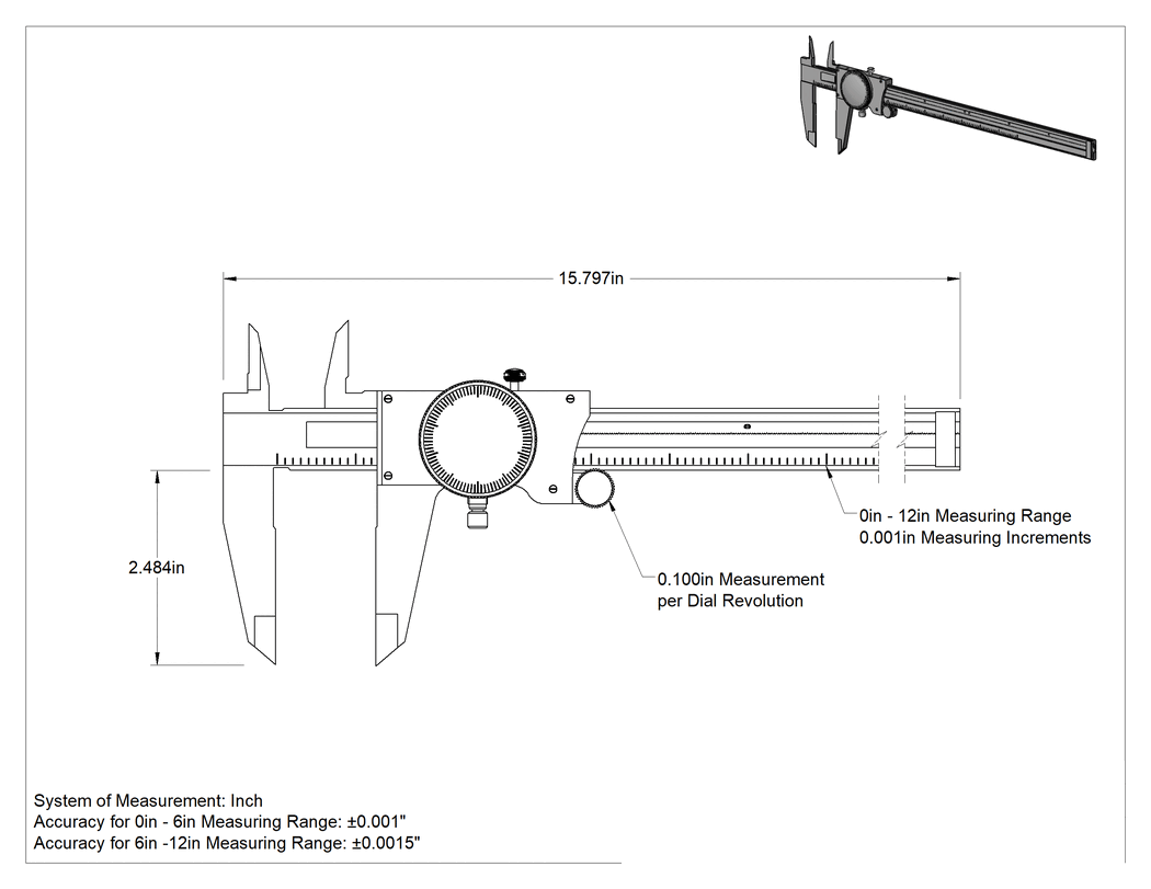 Teknik Çizim - Starrett Kumpas, Kadran, Numara 120-12, 0 ila 12 inç Ölçüm Aralığı