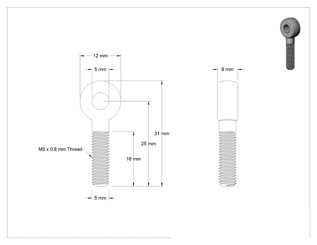 Teknik Çizim - Tam Gijon Ucu Cıvatası, Sağ Yönlü M5 x 0.8 mm Şaft, 25 mm Şaft Merkez Uzunluğu