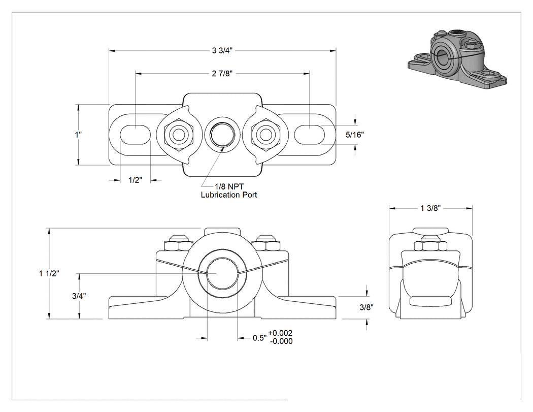 Teknik Çizim - Montajlı Burçlu Yatak, Kolay Erişim, 1/2" Mil Çapı için
