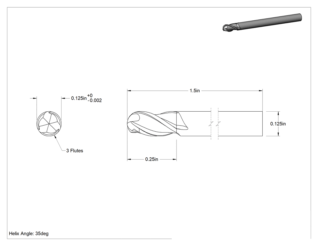 Teknik Çizim - Paslanmaz Çelik ve Titanyum için Karbür Uçlu Freze, Bilyalı Uç, 1/8" Freze Çapı, 1/4" Kesme Uzunluğu