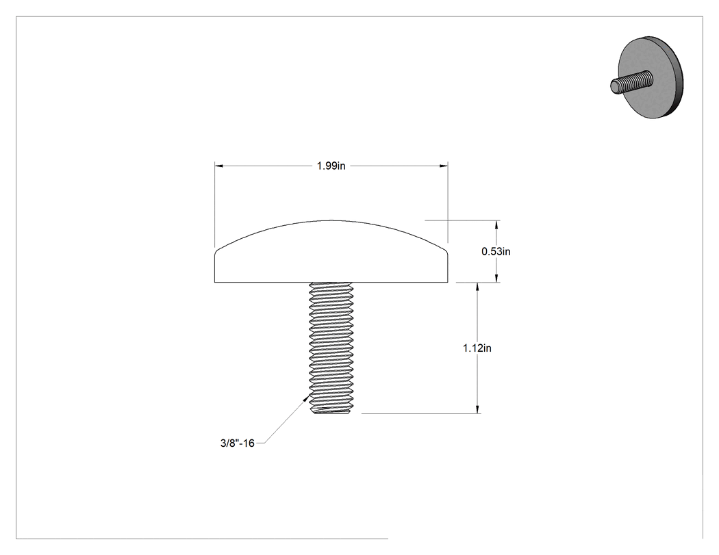 Teknik Çizim - Poliüretan Kauçuk Dişli Tampon, 3/8"-16 Dişli Saplama, 2" Dış Çap, 3/8" Yükseklik, Siyah