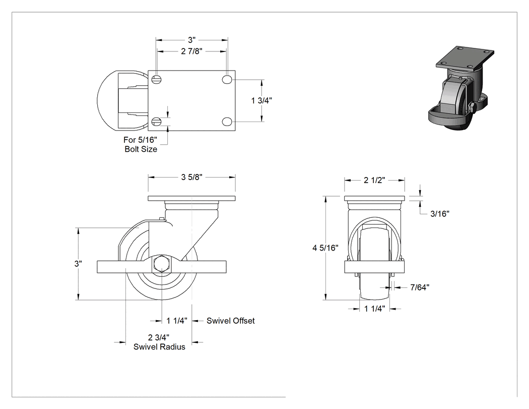 Teknik Çizim - Creston Tekerlek, Sarmal Frenli Döner Bağlantı, 3" Çaplı Tekerlek, 3-5/8" Uzunlukta Plaka