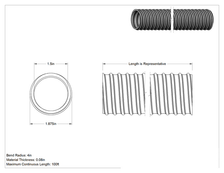 Teknik Çizim - Metal Talaşları ve Yonga Parçaları için Yüksek Basınçlı Kanal Hortumu, 1-1/2" İç Çap, 1-7/8" Dış Çap