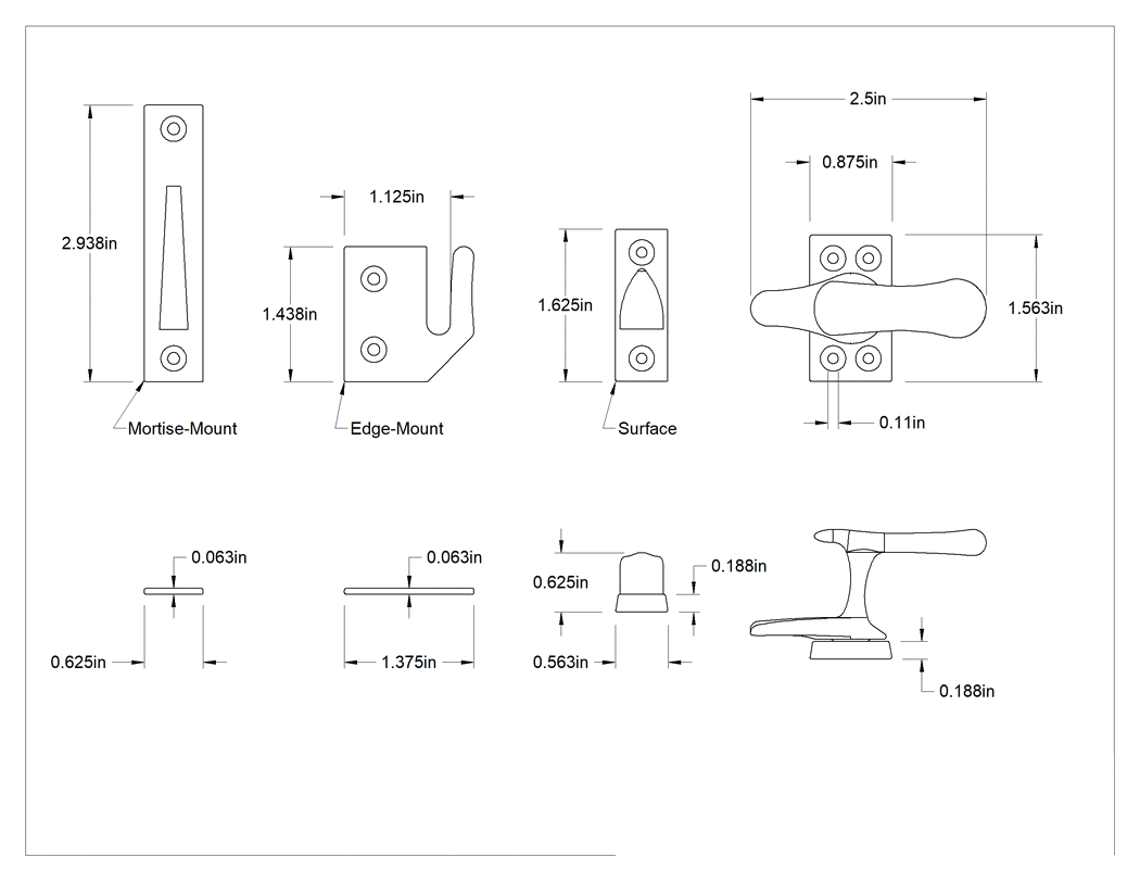Teknik Çizim - Dışa Açılır Pencere için Mandal, 1-9/16 inç Yükseklik x 7/8 inç Genişlik Montaj Plakası
