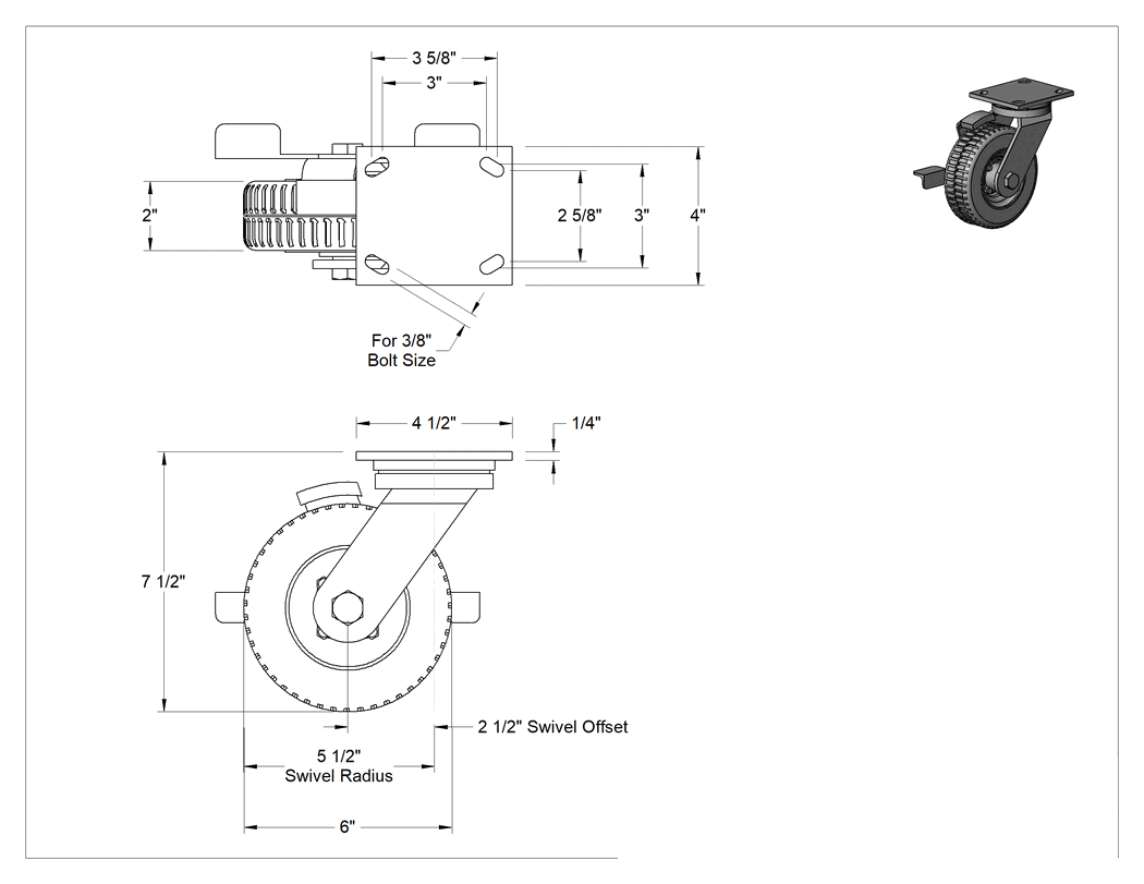Teknik Çizim - 4-1/2" x 4" Plakalı Tekerlek, Frenli ve 2 inç Genişliğinde Patlamayan Tekerlekli Döner Tekerlek