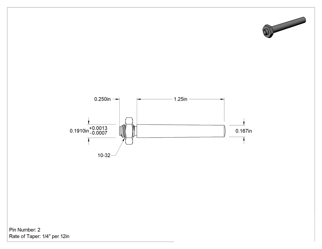 Teknik Çizim - 12L14 Karbon Çelik Dişli Konik Pim, 2 Numaralı Pim, 0.191" Genişliğinde Uç Çapı, 1-1/4" Uzunluk