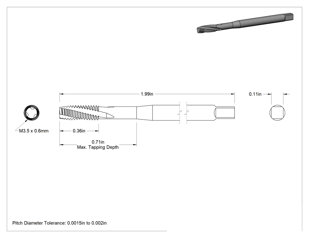 Teknik Çizim - Nikel için Talaş Temizleme Musluğu, Kapalı Uçlu Delik Dişi, M3.5 x 0.6 mm Diş Boyutu