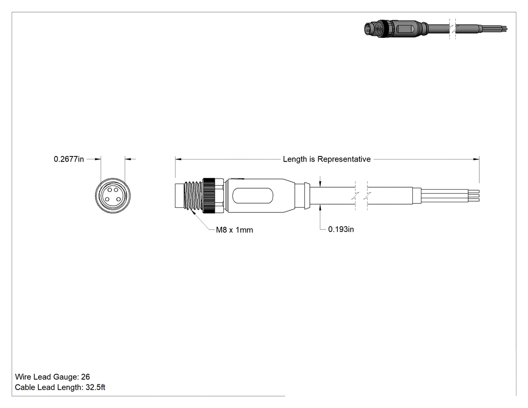 Teknik Çizim - M8 Ethernet Kablosu, 0.19" Dış Çap x 32.5' Uzunlukta Kablolara Sahip Düz Fiş, A Kodlu