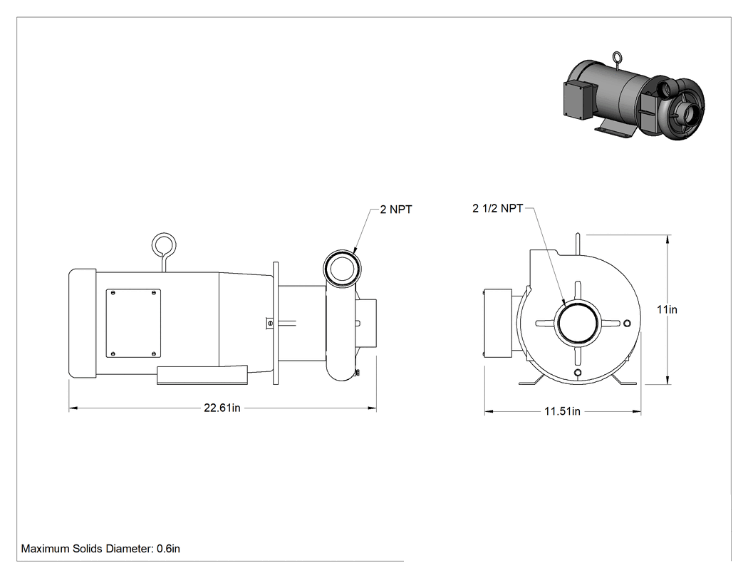 Teknik Çizim - Yüksek Verimli Sirkülasyon Pompası, Su için, Soğutma Sıvıları ve Yağ, 208-240/460V AC, 7-1/2 hp