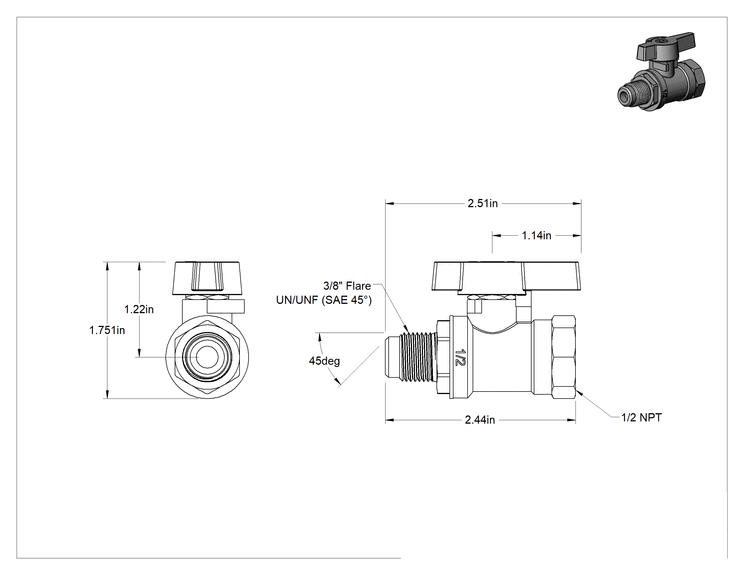 Teknik Çizim - On/Off Doğal Valfi, Propan ve Bütan Gazı, 3/8" 45 Derece Genişletilmiş Erkek x 1/2 NPT Dişi