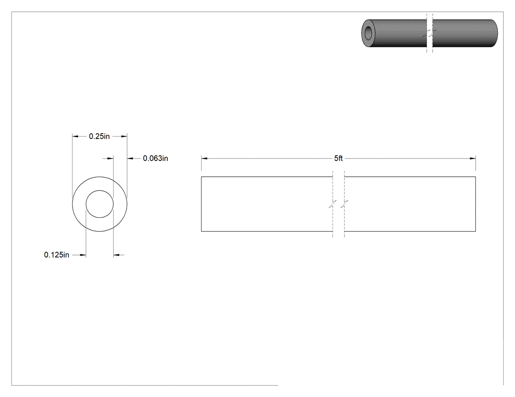 Teknik Çizim - Polipropilen Boru, 1/4" Dış Çap x 1/8" İç Çap, 5 Fit Uzunluk