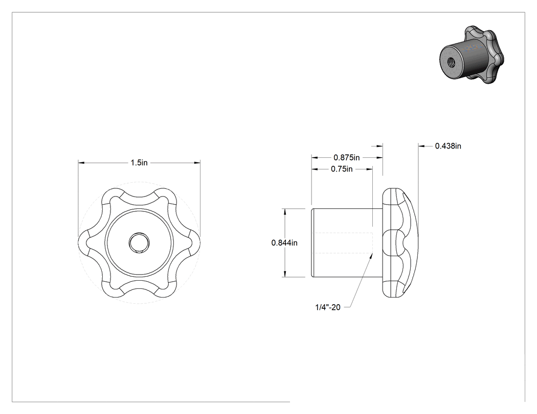 Teknik Çizim - Alüminyum Topuz, Altı adet Kol Tutacağı, 1/4"-20 Dişli Delik