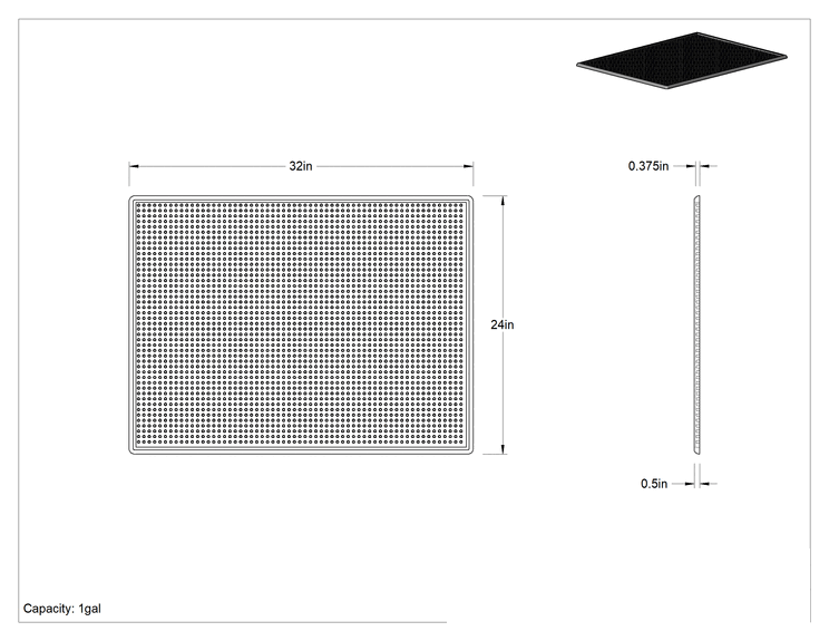Teknik Çizim - Dezenfekte Edici Zemin Paspası, 1 Galon Kapasite, 24 inç Genişlik x 32 inç Uzunluk x 3/8 inç Kalınlık