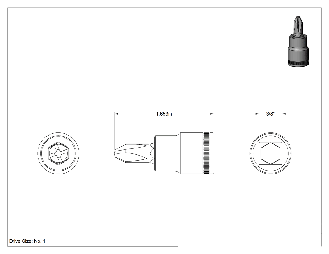 Teknik Çizim - Kısa Phillips Uçlu Soket, 3/8" Kare Tahrik, 1 Numaralı Tahrik Boyutu