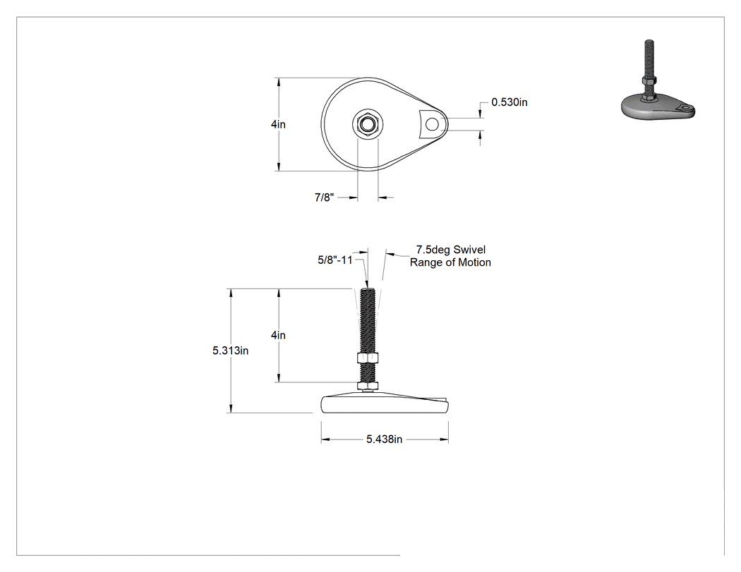 Teknik Çizim - Cam Dolgulu Naylon Sabit Dönen Seviyeleme Montaj Parçası, 4" Uzunlukta 5/8"-11 Çinko Kaplı Çelik Saplamalı, 1 Ofset Delik