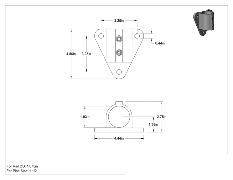 Teknik Çizim - Alüminyum Giydirme Bağlantı Parçası, Üçgen Flanşlı Ray Ucu, 1-7/8" Ray Dış Çapı, Eloksal