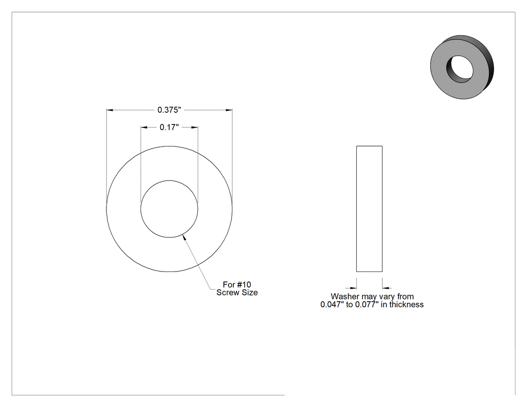 Teknik Çizim - Hava Koşullarına Dayanıklı EPDM Kauçuk Sızdırmazlık Pulları, 10 Numaralı Vida Boyutu için, 0.170" İç Çap, 0.375" Dış Çap, Beyaz