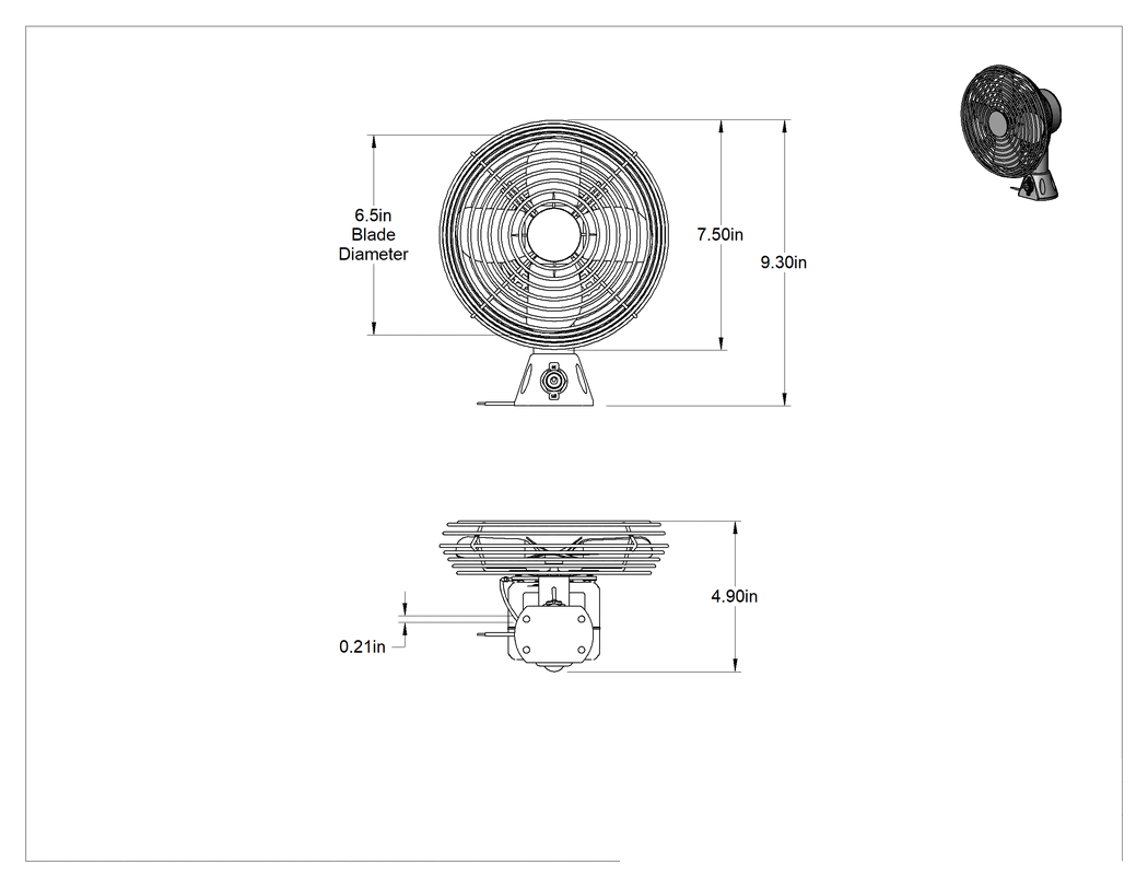 Teknik Çizim - Tezgah Üstü DC Fanlar, Dikdörtgen Top ve Soket Tabanı, Yivli Koruyucu, 12V DC