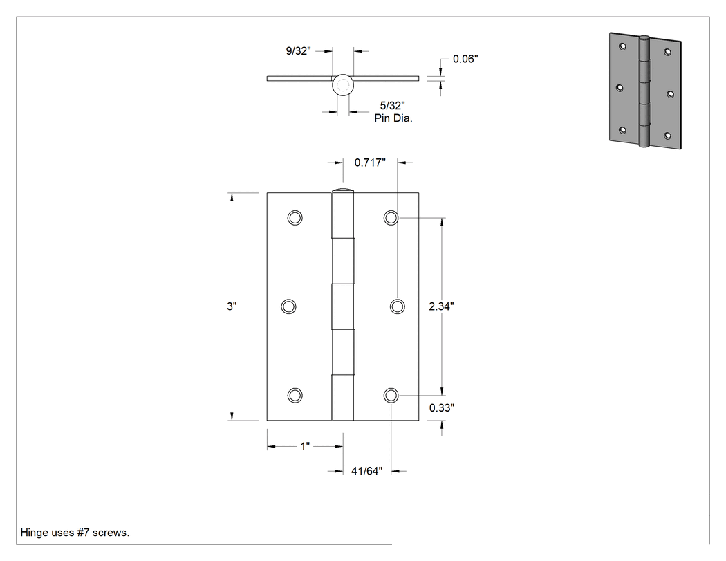 Teknik Çizim - Delikli Gömme Montaj Menteşesi, Çıkarılabilir Pim, Kare Köşe, Çinko Kaplı Çelik, 3" x 1" Yapraklar