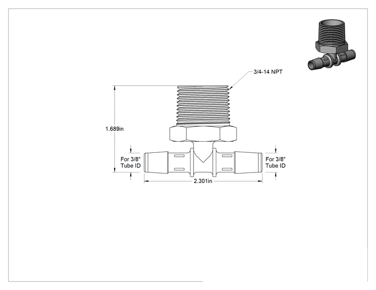 Teknik Çizim - Hava ve Su için Sıkı Sızdırmaz Tırnaklı Boru Bağlantı Parçası, Naylon Hat Üstü T Adaptörü, 3/8" Boru İç Çapı, 3/4 NPT Erkek