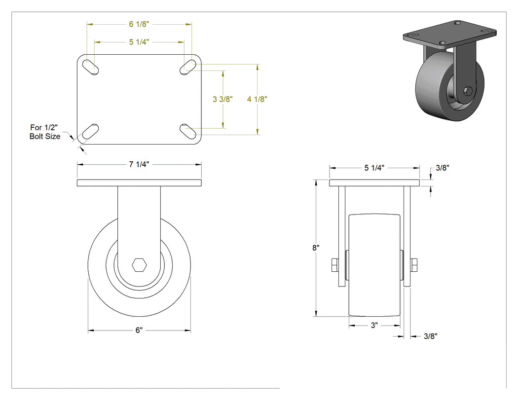 Teknik Çizim - Ekstra Yüksek Kapasiteli Stronghart Tekerlek, 7-1/4" x 5" Plaka, 6 inç Çapında Fenolik Tekerlekli Sert