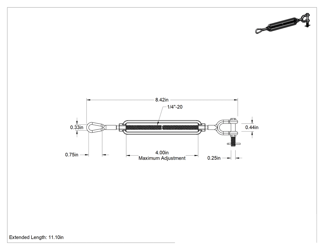 Teknik Çizim - 316 Paslanmaz Çelik Gerdirme - Kaldırma Amaçlı Değil, Çatal-Göz Bağlantısı, Dövme, 500 lbs. Kapasite